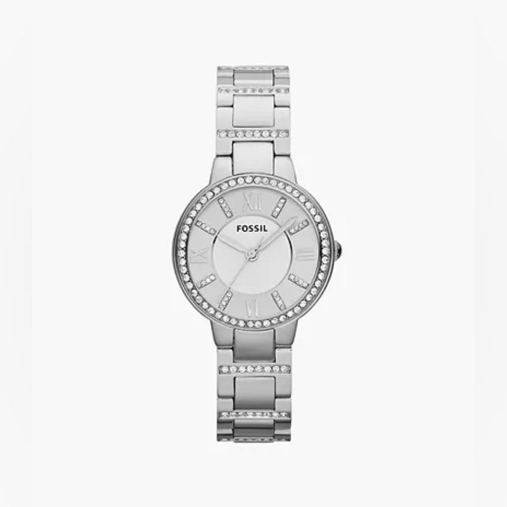 Virginia Silver Quartz Fossil Watch With Crystal Accents